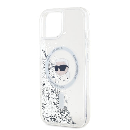 Custodia MagSafe per Apple iPhone 15, Karl Lagerfeld, Liquid Glitter Karl's Head, Trasparente