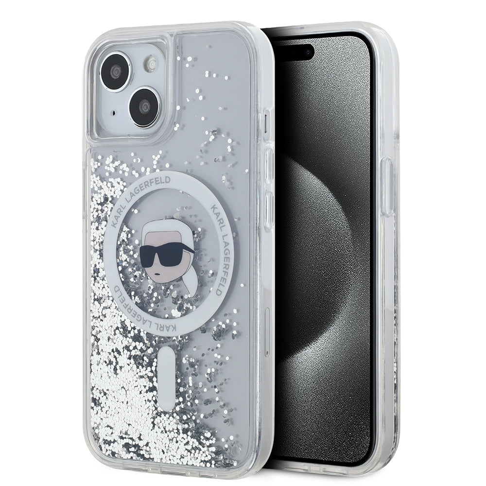 Custodia MagSafe per Apple iPhone 15, Karl Lagerfeld, Liquid Glitter Karl's Head, Trasparente