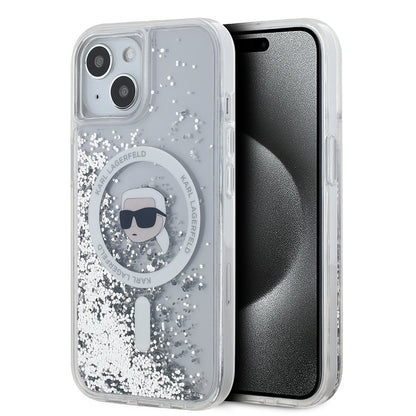 Custodia MagSafe per Apple iPhone 15, Karl Lagerfeld, Liquid Glitter Karl's Head, Trasparente