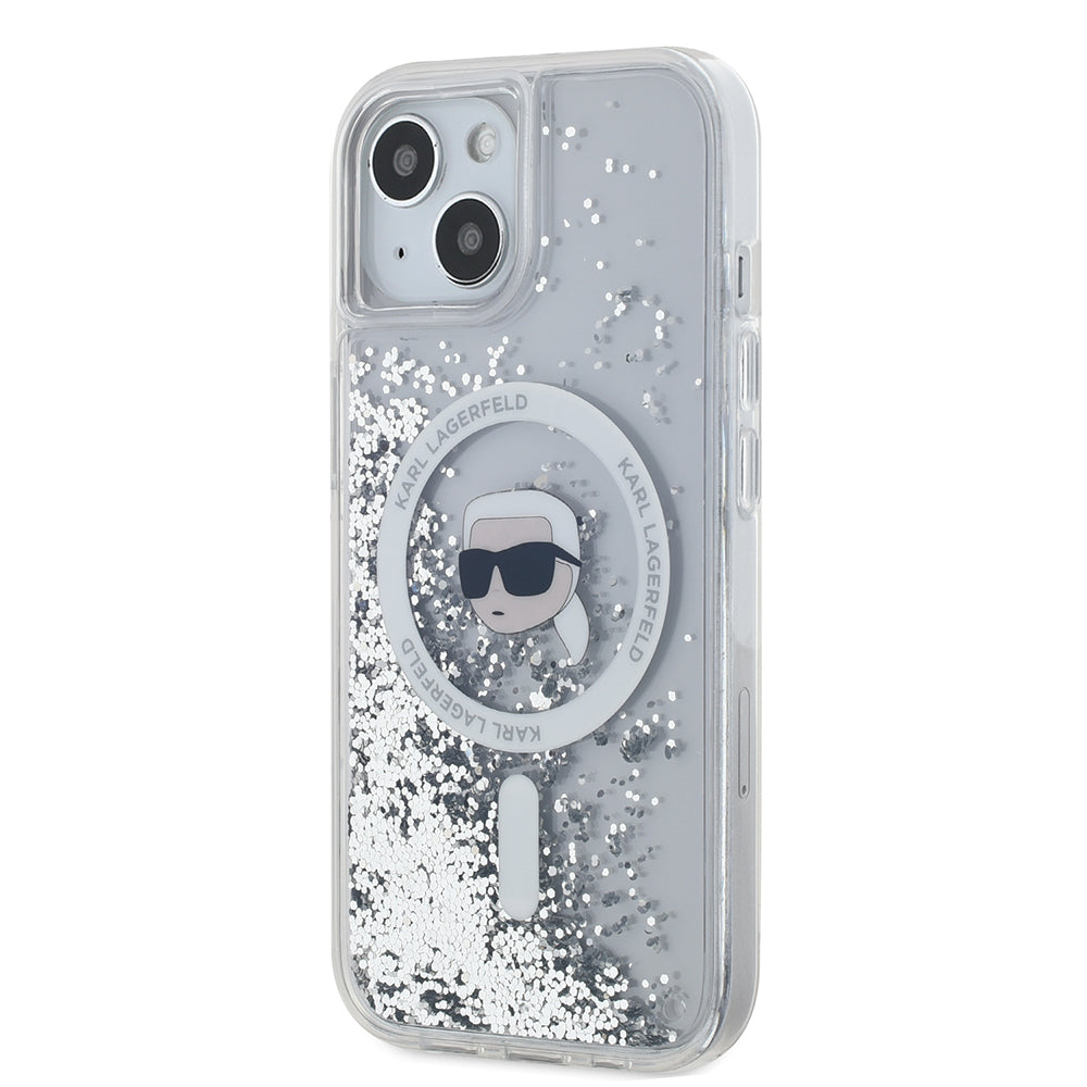 Custodia MagSafe per Apple iPhone 15, Karl Lagerfeld, Liquid Glitter Karl's Head, Trasparente