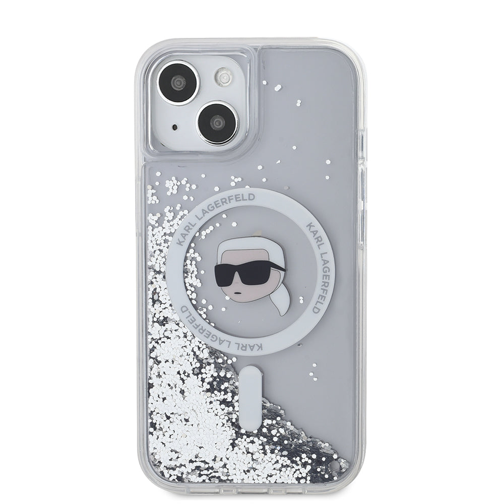 Custodia MagSafe per Apple iPhone 15, Karl Lagerfeld, Liquid Glitter Karl's Head, Trasparente