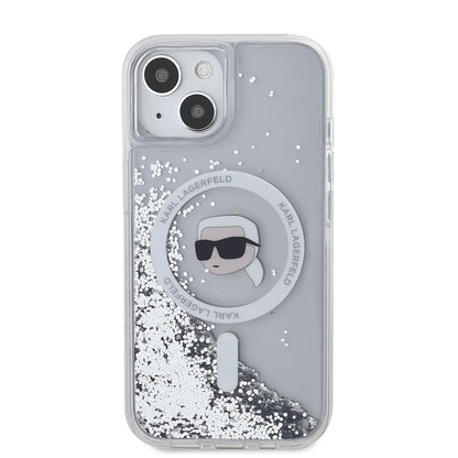 Custodia MagSafe per Apple iPhone 15, Karl Lagerfeld, Liquid Glitter Karl's Head, Trasparente