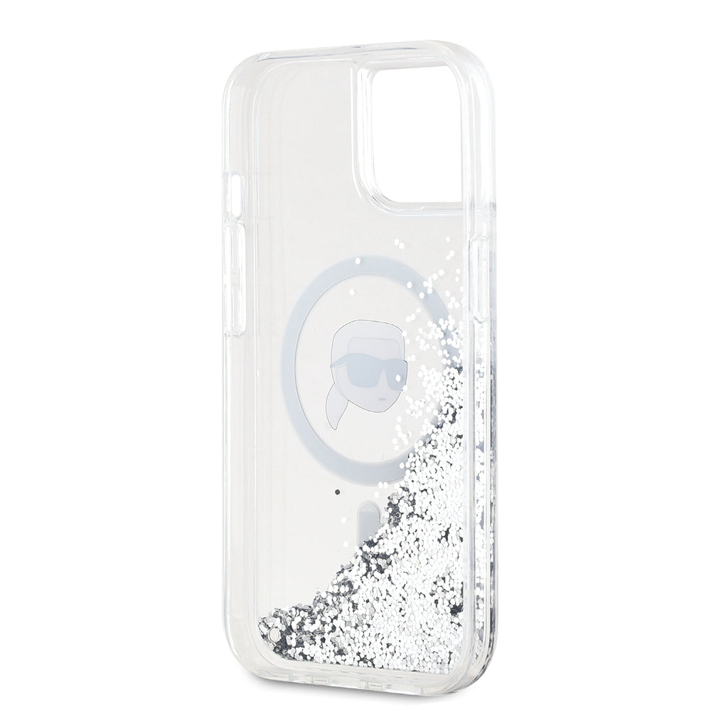 Custodia MagSafe per Apple iPhone 15, Karl Lagerfeld, Liquid Glitter Karl's Head, Trasparente
