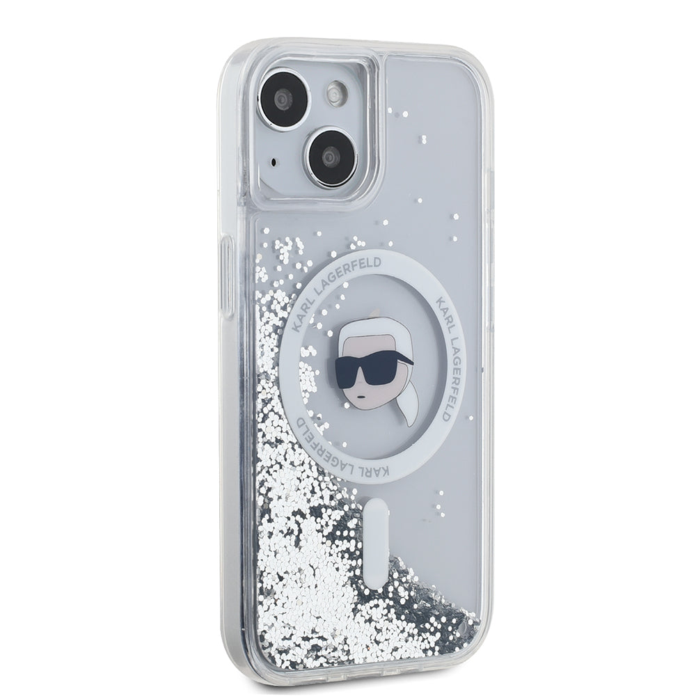 Custodia MagSafe per Apple iPhone 15, Karl Lagerfeld, Liquid Glitter Karl's Head, Trasparente