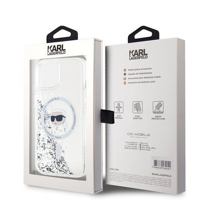 Custodia MagSafe per Apple iPhone 15, Karl Lagerfeld, Liquid Glitter Karl's Head, Trasparente