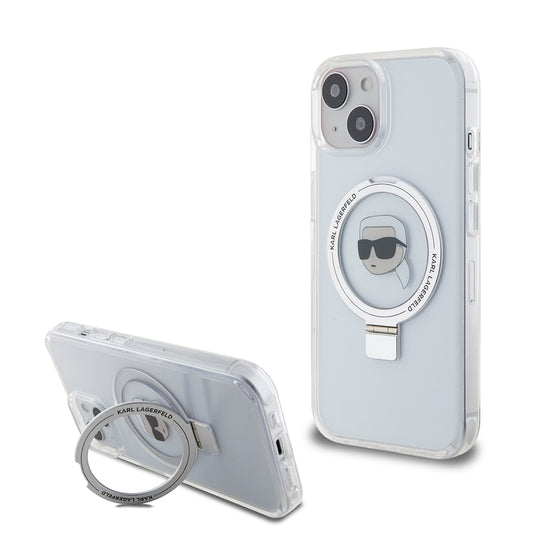 Coque MagSafe pour Apple iPhone 15, Karl Lagerfeld, Ring Stand Karl's Head, Blanche