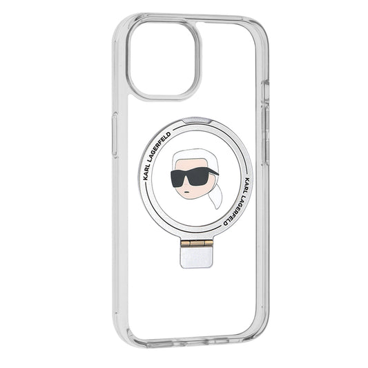 Coque MagSafe pour Apple iPhone 15, Karl Lagerfeld, Ring Stand Karl's Head, Blanche