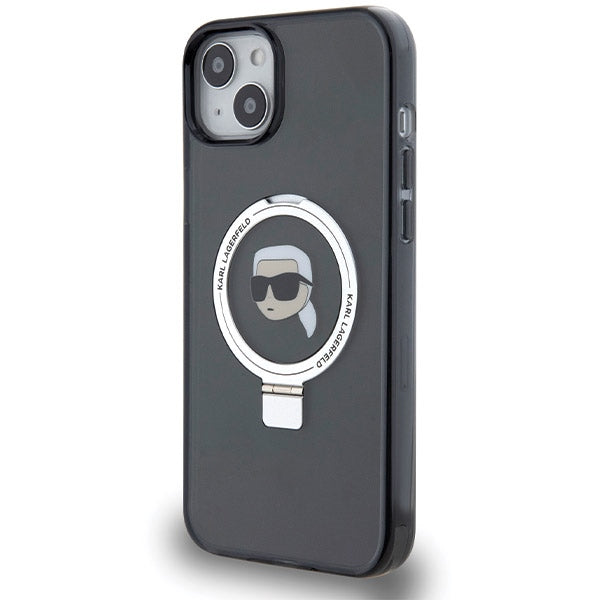 Coque MagSafe pour Apple iPhone 15, Karl Lagerfeld, Ring Stand Karl's Head, Noire