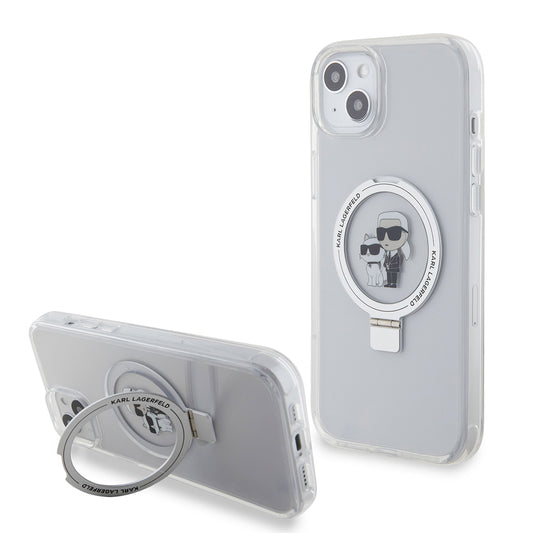 MagSafe Hülle für Apple iPhone 15 Plus, Karl Lagerfeld, Ringstand Karl und Choupette, Weiß
