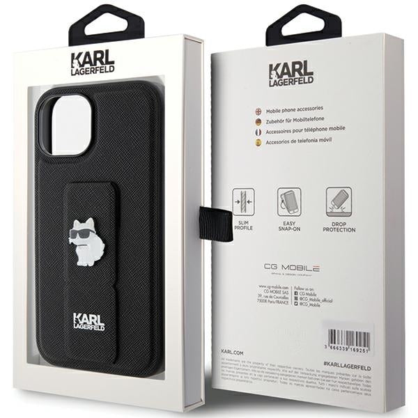 Custodia MagSafe per Apple iPhone 15, Karl Lagerfeld, Saffiano Gripstand Choupette, Nera