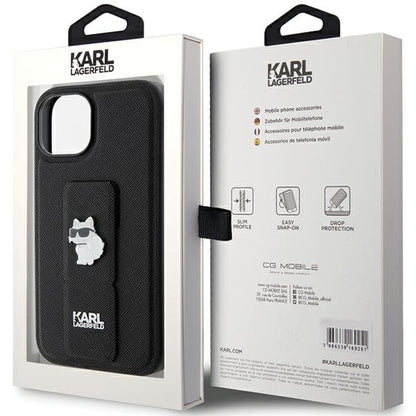 Custodia MagSafe per Apple iPhone 15, Karl Lagerfeld, Saffiano Gripstand Choupette, Nera