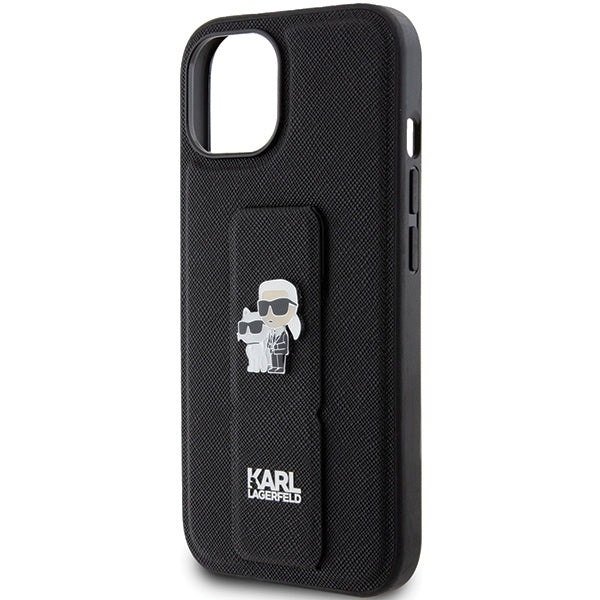 MagSafe Case for Apple iPhone 15, Karl Lagerfeld, Saffiano Gripstand Karl & Choupette, Black