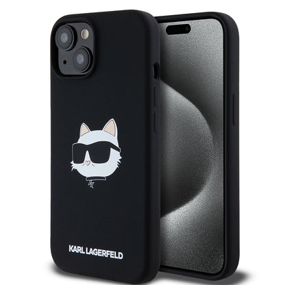 MagSafe Hülle für Apple iPhone 15, Karl Lagerfeld, Silikon Choupette's Head, Schwarz