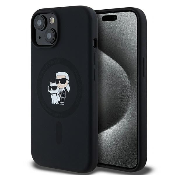 MagSafe Case for Apple iPhone 15, Karl Lagerfeld, Karl & Choupette Silicone, Black