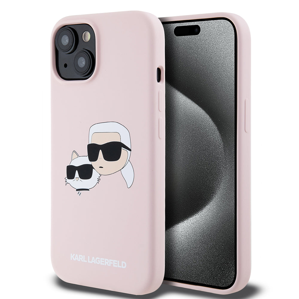 Custodia MagSafe per Apple iPhone 15, Karl Lagerfeld, Silicone Karl & Choupette's Heads, Rosa