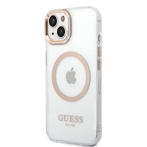 Étui MagSafe pour Apple iPhone 15 Plus, Guess, Contour Métallique, Doré