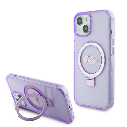 Coque MagSafe pour Apple iPhone 15 Plus, Guess, Ring Stand Script Glitter, Violet