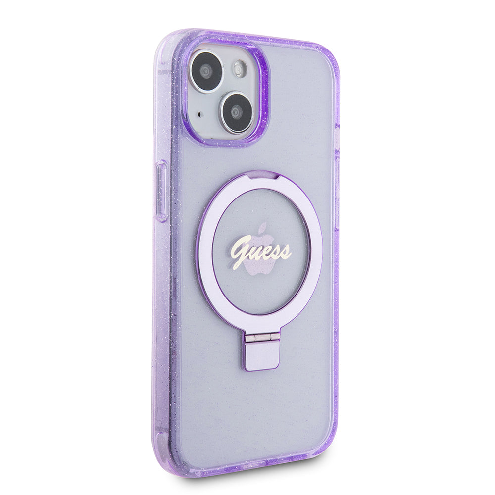 Coque MagSafe pour Apple iPhone 15 Plus, Guess, Ring Stand Script Glitter, Violet