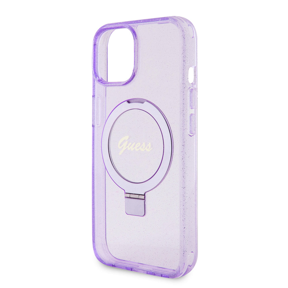 Coque MagSafe pour Apple iPhone 15 Plus, Guess, Ring Stand Script Glitter, Violet