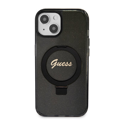 Étui MagSafe pour Apple iPhone 15 Plus, Guess, Ring Stand Script Glitter, Noir