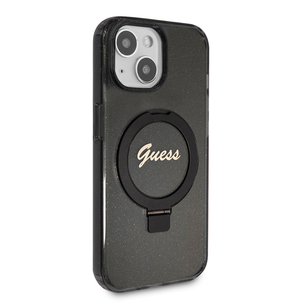 Étui MagSafe pour Apple iPhone 15 Plus, Guess, Ring Stand Script Glitter, Noir