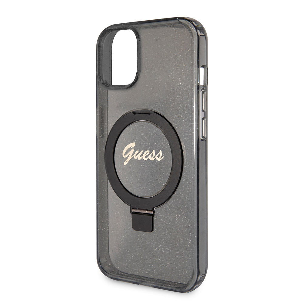 Étui MagSafe pour Apple iPhone 15 Plus, Guess, Ring Stand Script Glitter, Noir