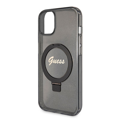 Étui MagSafe pour Apple iPhone 15 Plus, Guess, Ring Stand Script Glitter, Noir