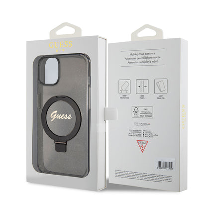 Étui MagSafe pour Apple iPhone 15 Plus, Guess, Ring Stand Script Glitter, Noir