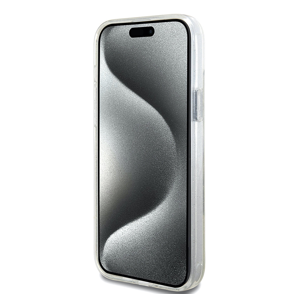 Coque MagSafe pour Apple iPhone 15 Plus, Guess, Ring Stand Script Glitter, Transparente