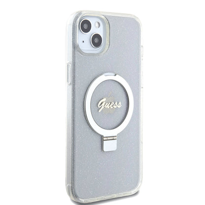 Coque MagSafe pour Apple iPhone 15 Plus, Guess, Ring Stand Script Glitter, Transparente