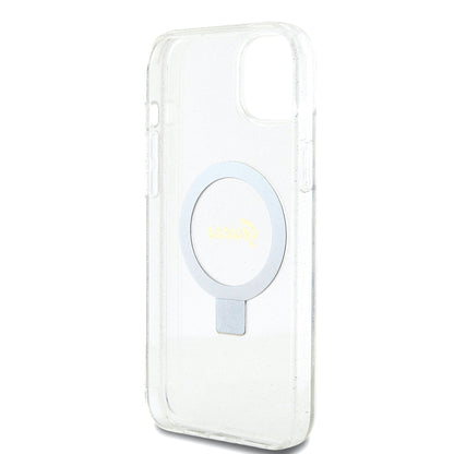 Coque MagSafe pour Apple iPhone 15 Plus, Guess, Ring Stand Script Glitter, Transparente