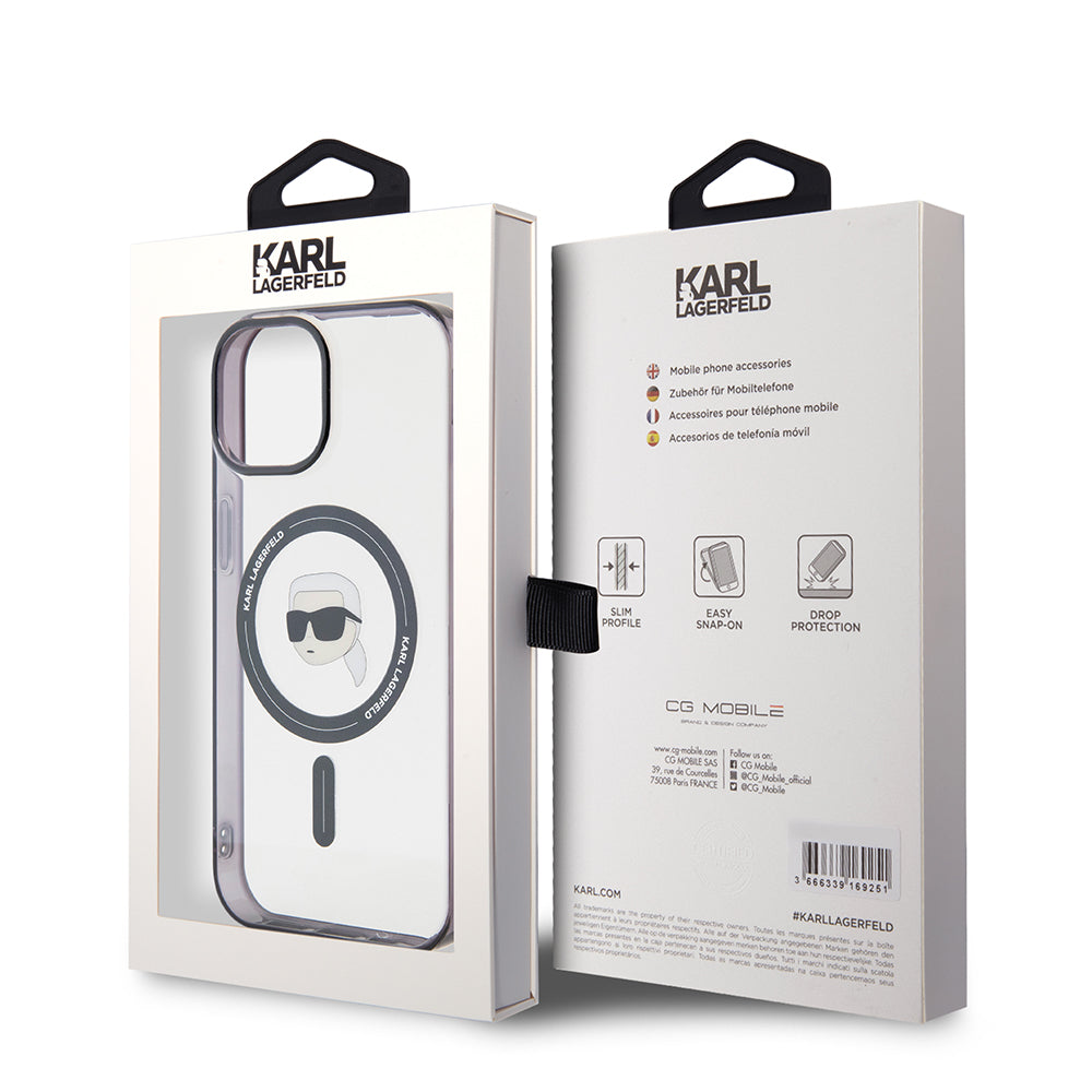 Coque MagSafe pour Apple iPhone 15 Plus, Karl Lagerfeld, IML Karl's Head, Transparente