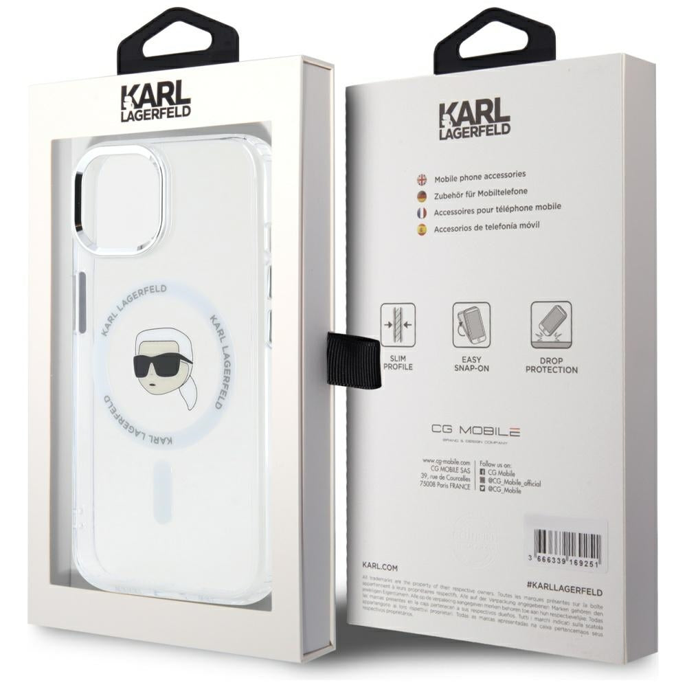 MagSafe Hülle für Apple iPhone 15 Plus, Karl Lagerfeld, IML Metal Karl's Head, Weiß
