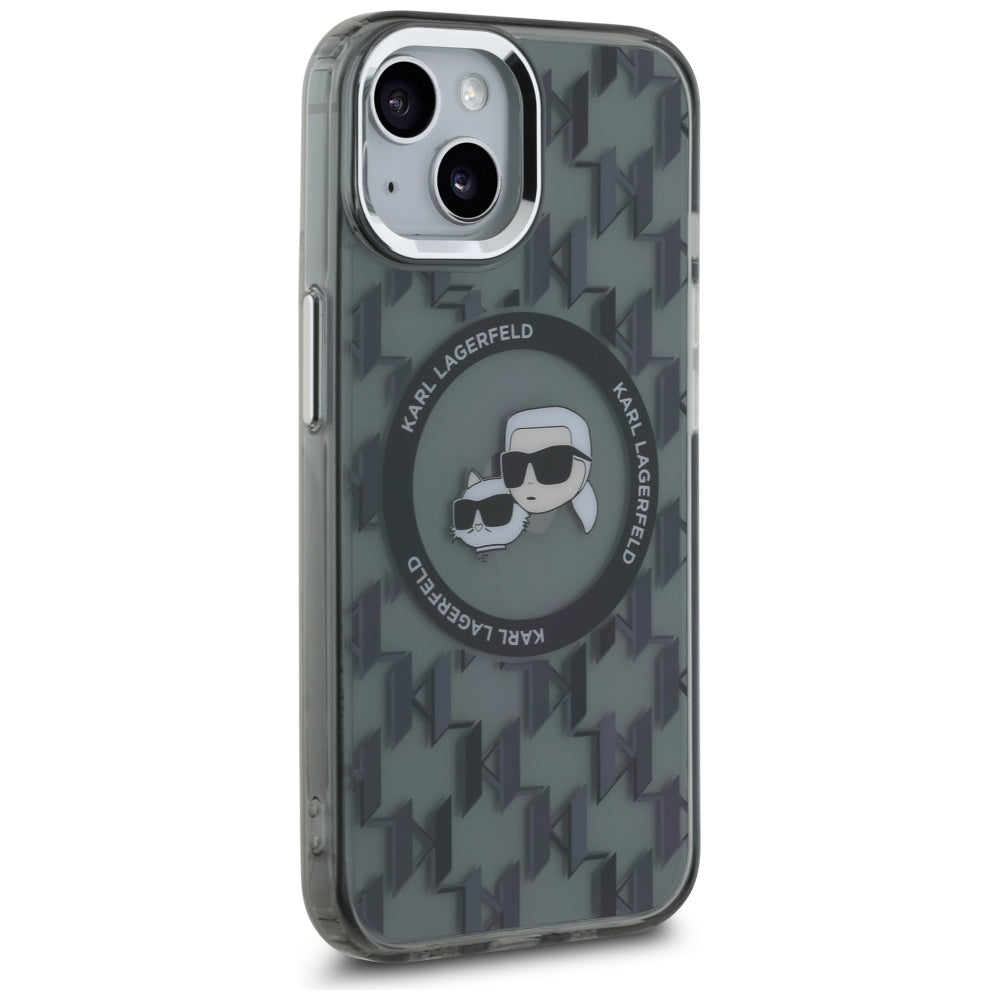 Étui MagSafe pour Apple iPhone 15 Plus, Karl Lagerfeld, IML Monogramme Karl & Têtes de Choupette, Noir