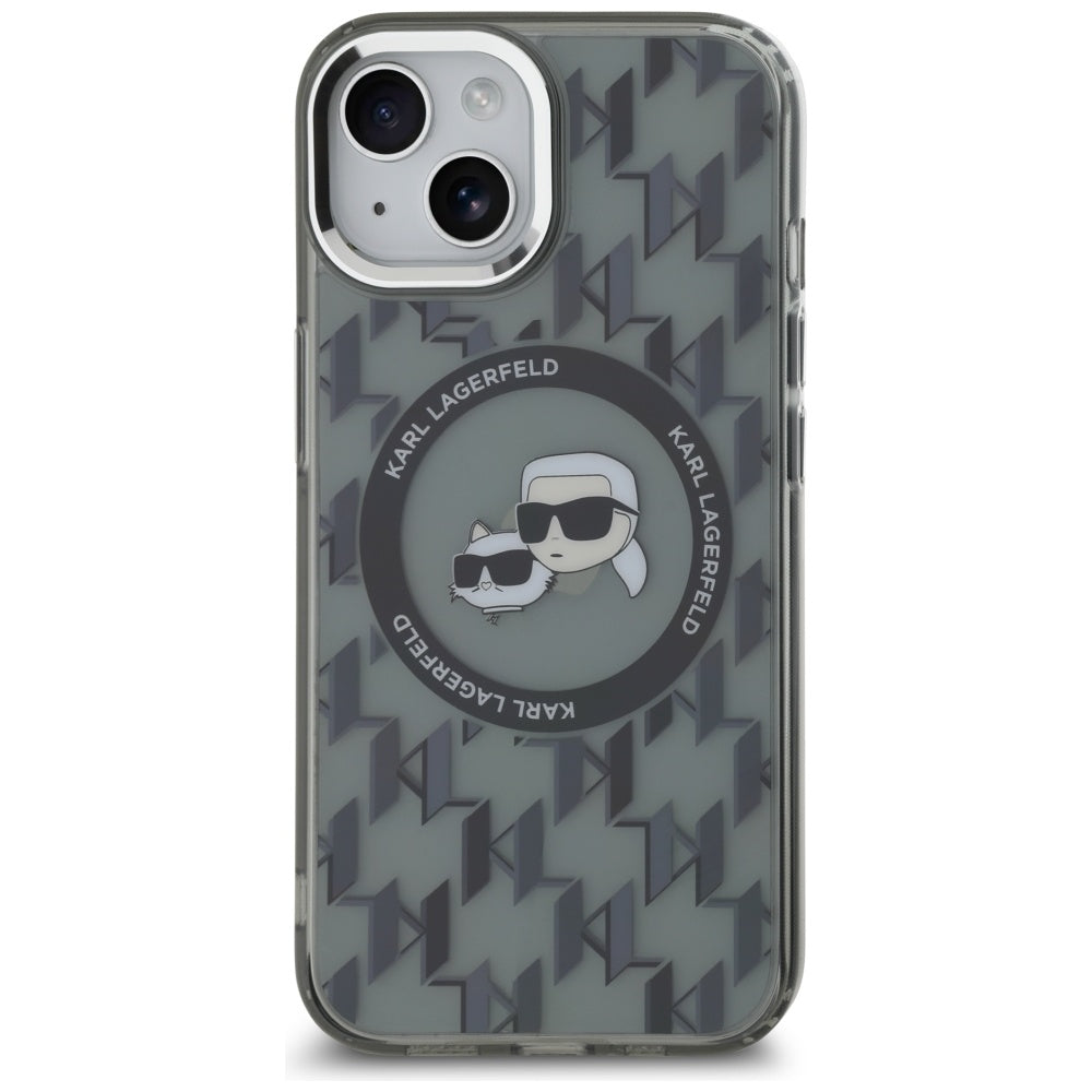 Étui MagSafe pour Apple iPhone 15 Plus, Karl Lagerfeld, IML Monogramme Karl & Têtes de Choupette, Noir