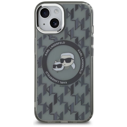 Étui MagSafe pour Apple iPhone 15 Plus, Karl Lagerfeld, IML Monogramme Karl & Têtes de Choupette, Noir