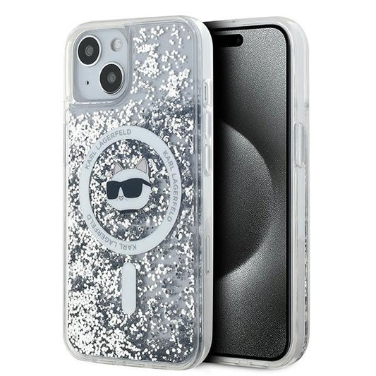 Coque MagSafe pour Apple iPhone 15 Plus, Karl Lagerfeld, Liquid Glitter Choupette's Head, Transparente