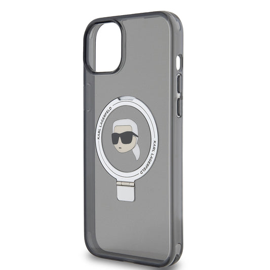 Étui MagSafe pour Apple iPhone 15 Plus, Karl Lagerfeld, Support Anneau Tête de Karl, Noir