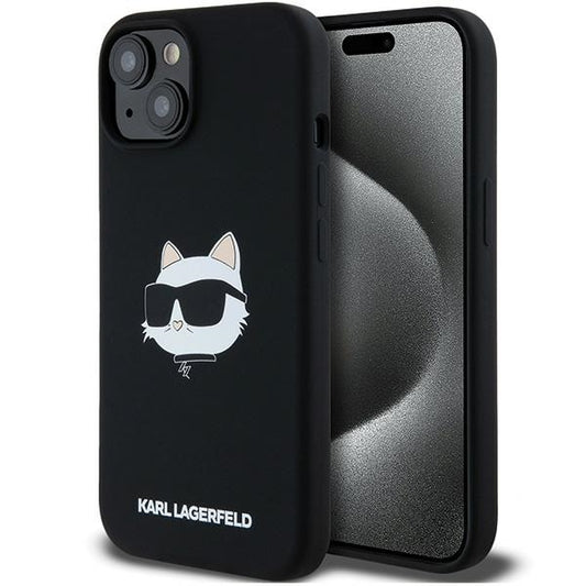 Étui MagSafe pour Apple iPhone 15 Plus, Karl Lagerfeld, Silicone Tête de Choupette, Noir