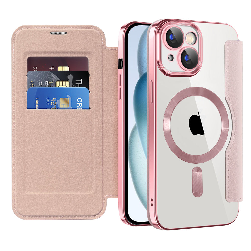 Custodia MagSafe per Apple iPhone 15 Plus, Techsuit, SmartMag Book, Rosa