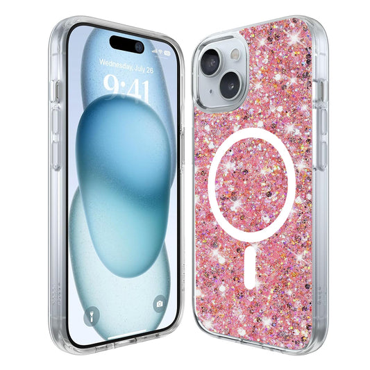 Coque MagSafe pour Apple iPhone 15 Plus, Techsuit, Paillettes Étincelantes, Magenta