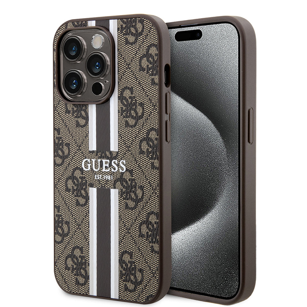 Custodia MagSafe per Apple iPhone 15 Pro, Guess, 4G Printed Stripes, Marrone