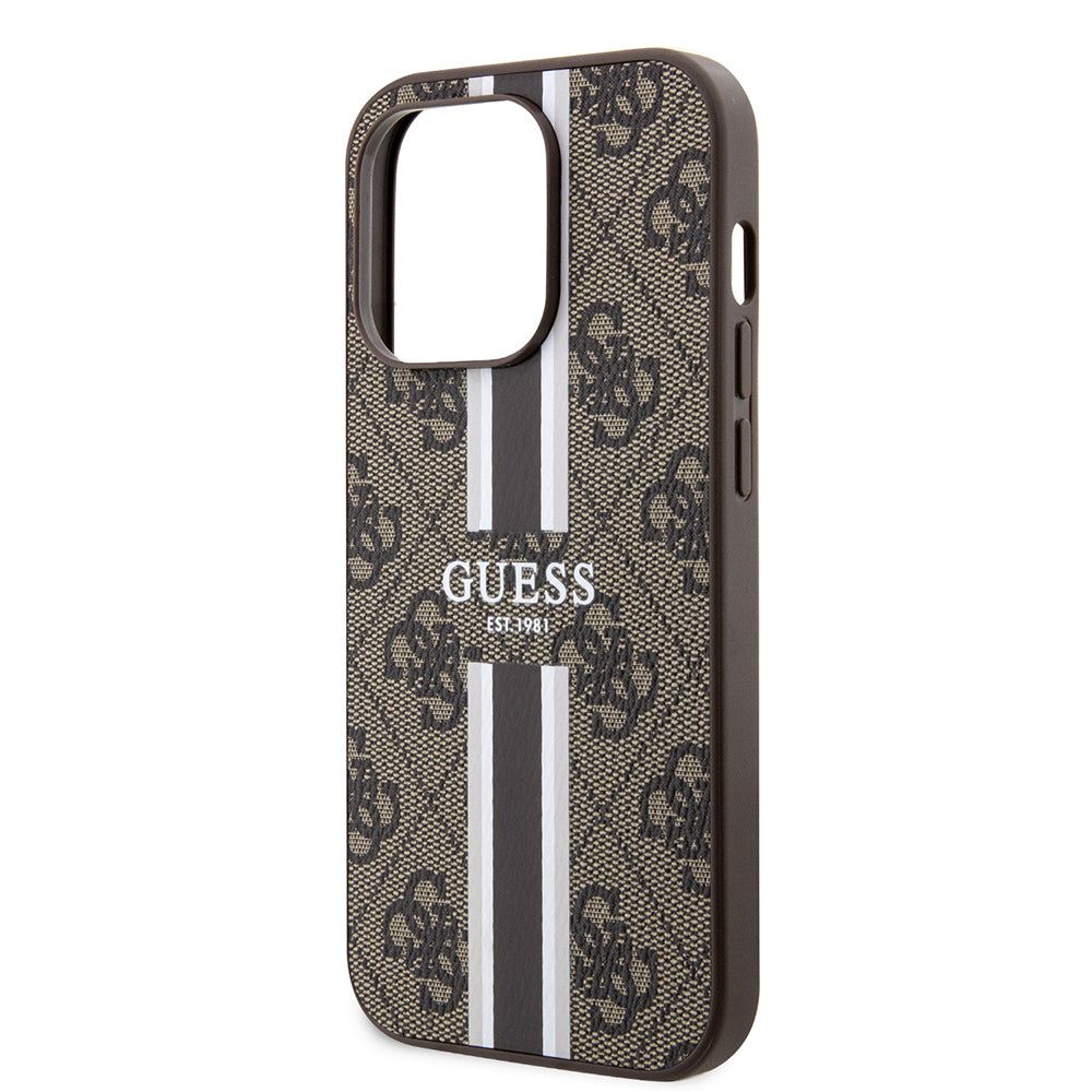 Custodia MagSafe per Apple iPhone 15 Pro, Guess, 4G Printed Stripes, Marrone