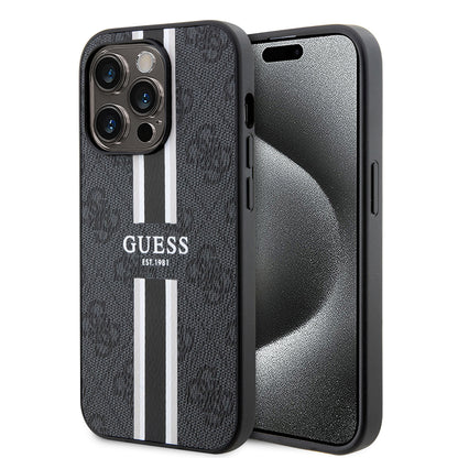 Custodia MagSafe per Apple iPhone 15 Pro, Guess, 4G Printed Stripes, Nera
