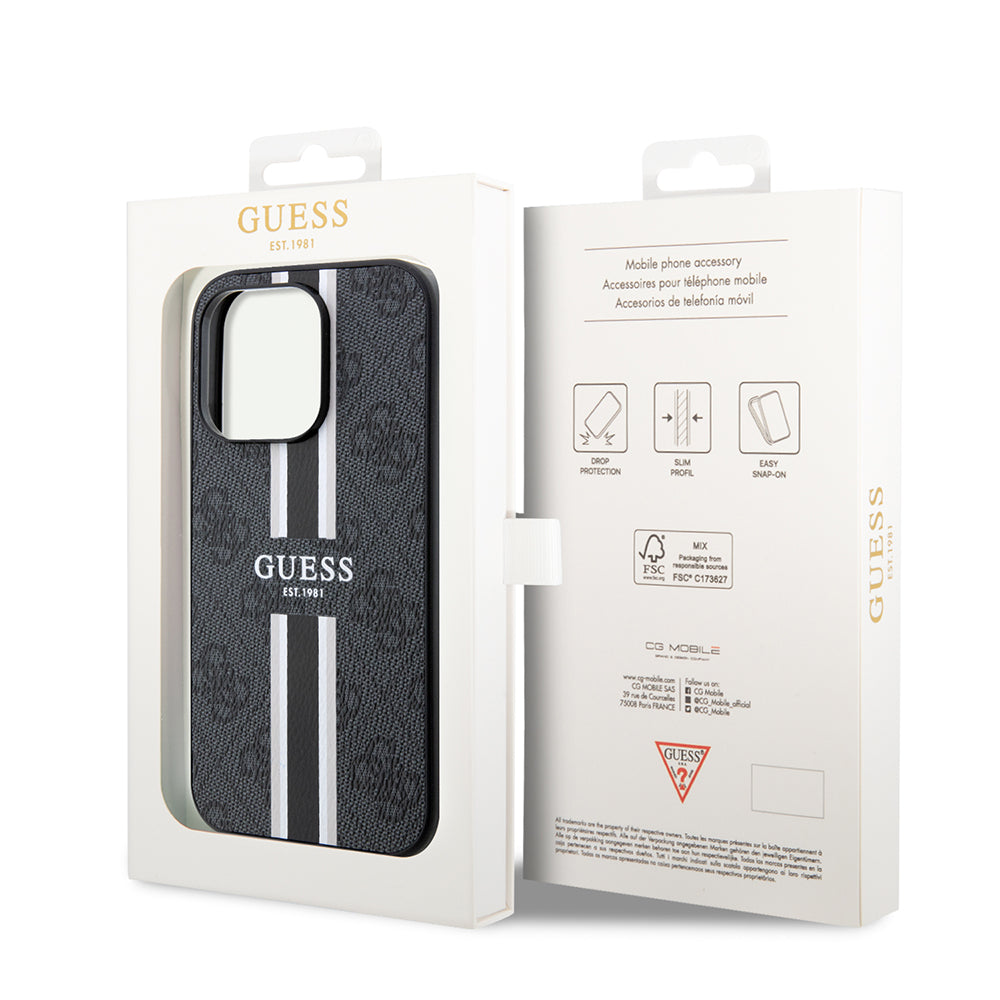 Custodia MagSafe per Apple iPhone 15 Pro, Guess, 4G Printed Stripes, Nera