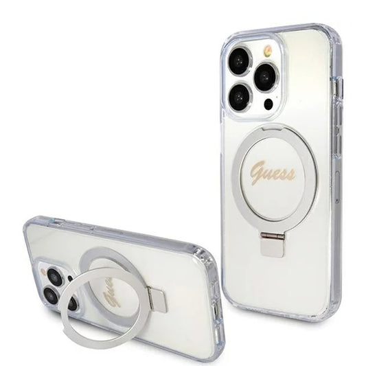 MagSafe Hülle für Apple iPhone 15 Pro, Guess, IML Ring Stand Glitter, Transparent