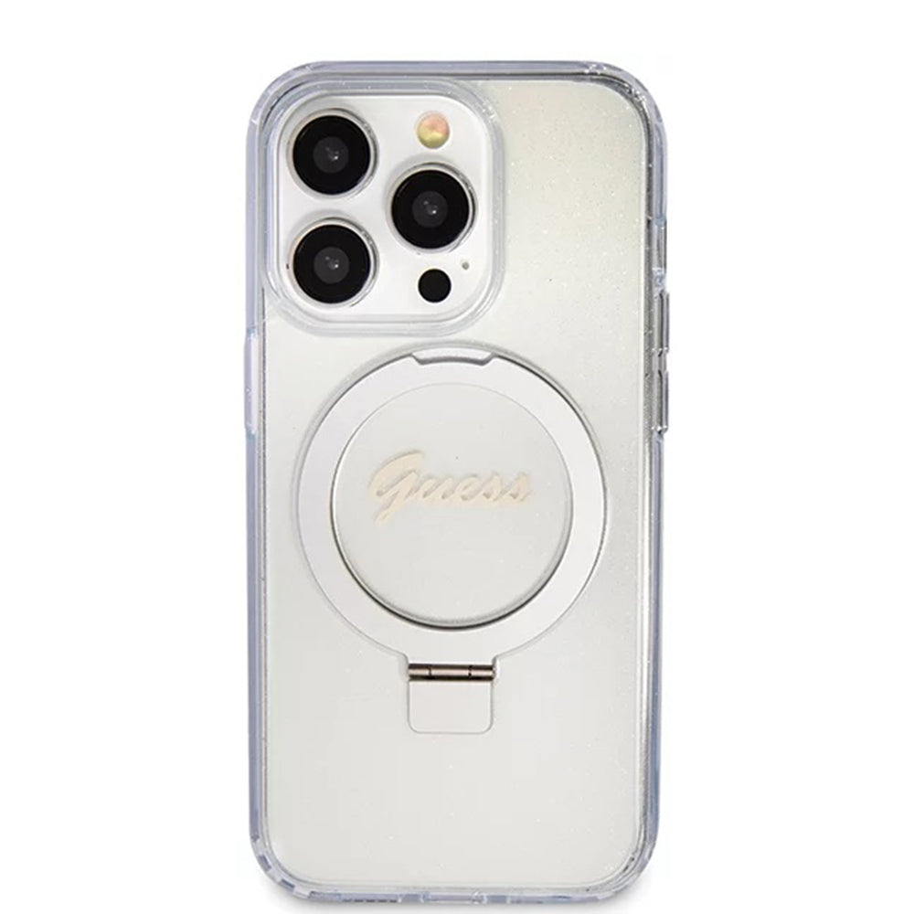 Coque MagSafe pour Apple iPhone 15 Pro, Guess, IML Ring Stand Glitter, Transparente