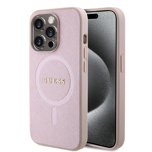 MagSafe Hülle für Apple iPhone 15 Pro, Guess, Saffiano, Rosa