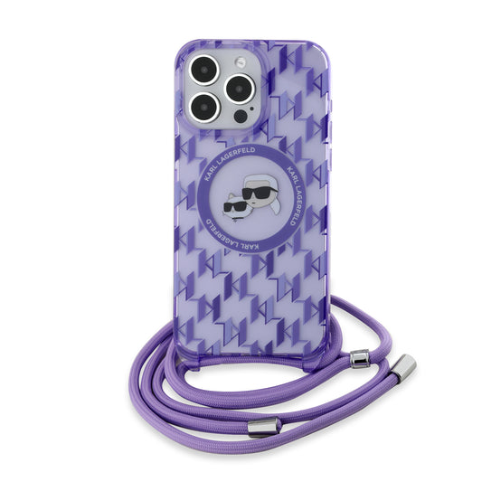 Étui MagSafe pour Apple iPhone 15 Pro, Karl Lagerfeld, IML Crossbody Monogramme Karl & Têtes de Choupette, Violet