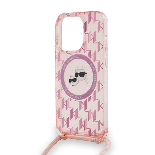 Étui MagSafe pour Apple iPhone 15 Pro, Karl Lagerfeld, IML Crossbody Monogramme Karl & Choupette's Heads, Rose